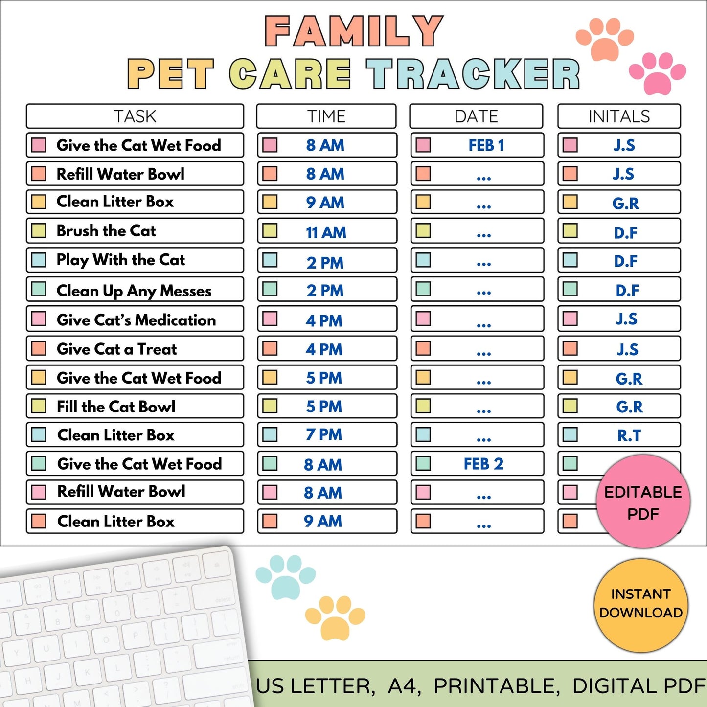 Printable Daily Family Cat Care Chart – Feeding & Chore Tracker