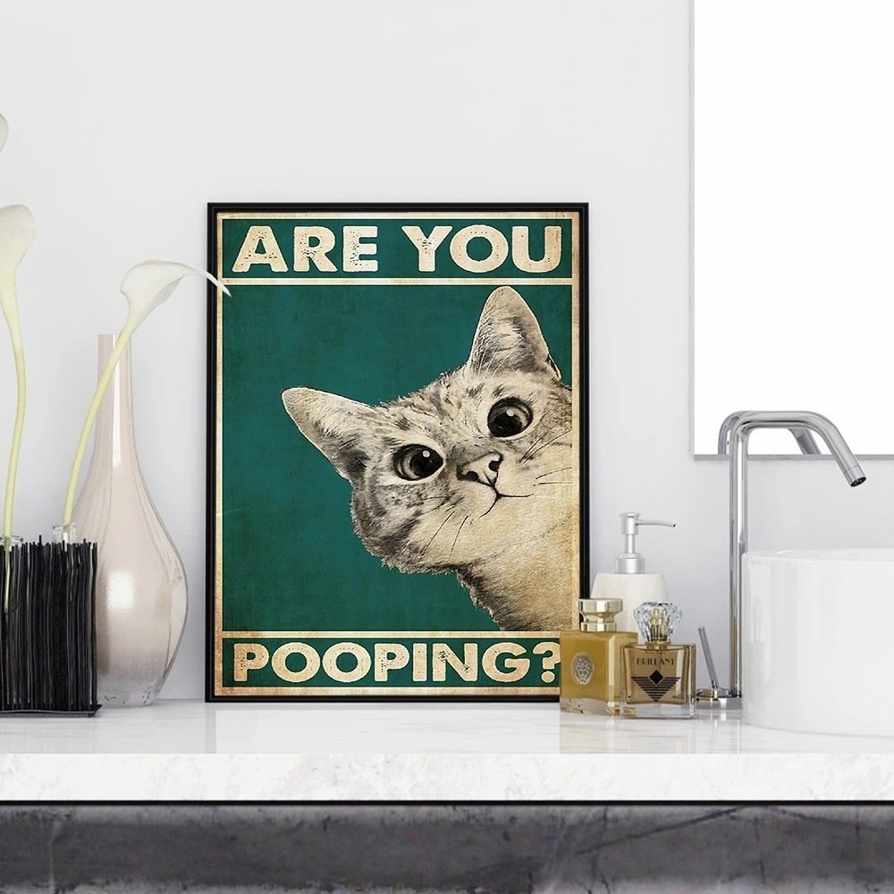 Funny Cat Bathroom Wall Art - Modern Decor for Guest Bathrooms - Cute Powder Room Sign for Kids, Women & Men